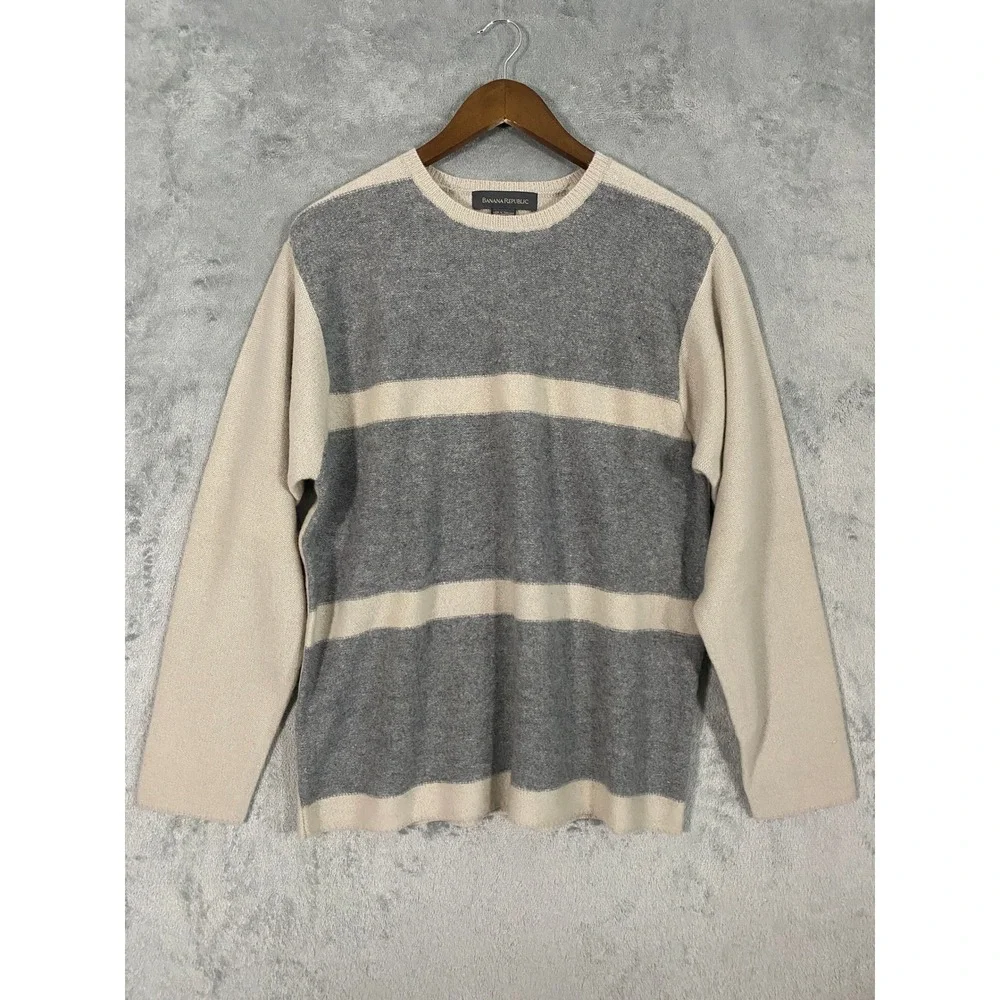 Banana Republic Sweater Sz L Grey Beige Striped 100% Lambswool Neutral Preppy